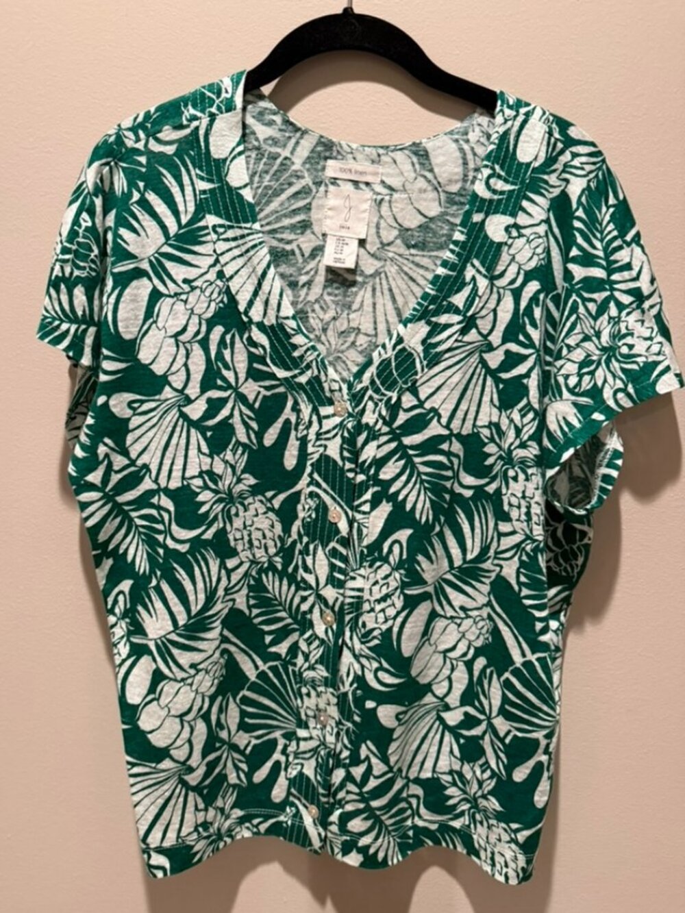 Joie 100% Linen Tropical Print Button Front Top Size Medium Green White
